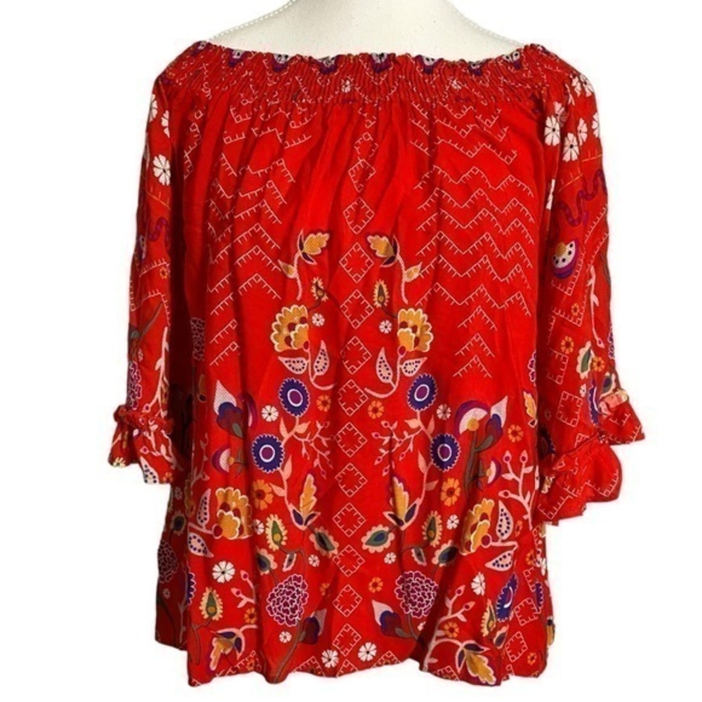Jaase Red Floral Off-shoulder Bohemian Style Blouse